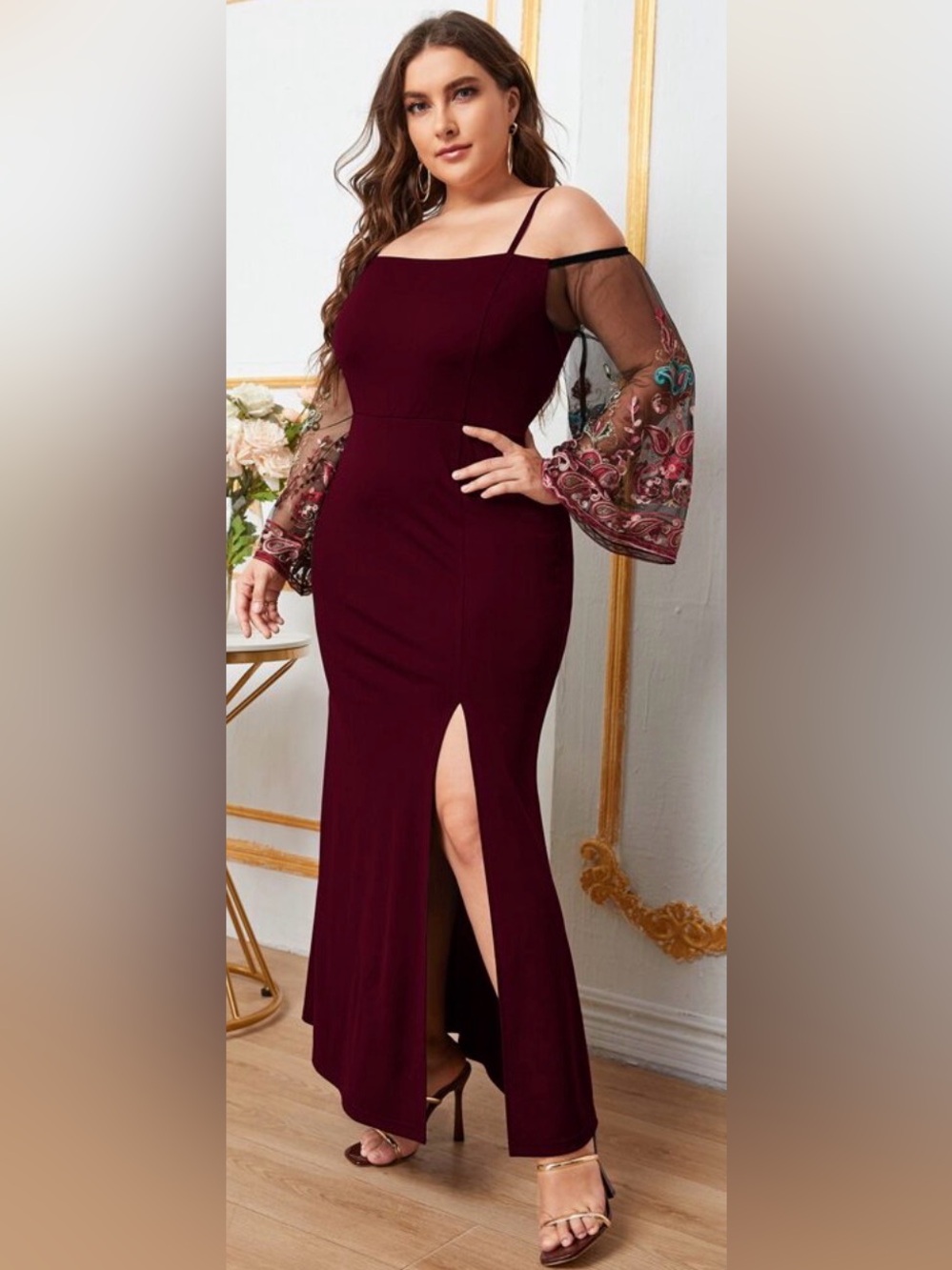 SHEIN Belle Burgundy Red Mesh Sleeve Split Thigh Dress,P2P:26”, L:57